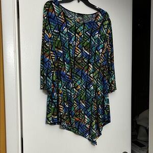 Alfred Dunner Green & Blue Geometric Asymmetric Tunic